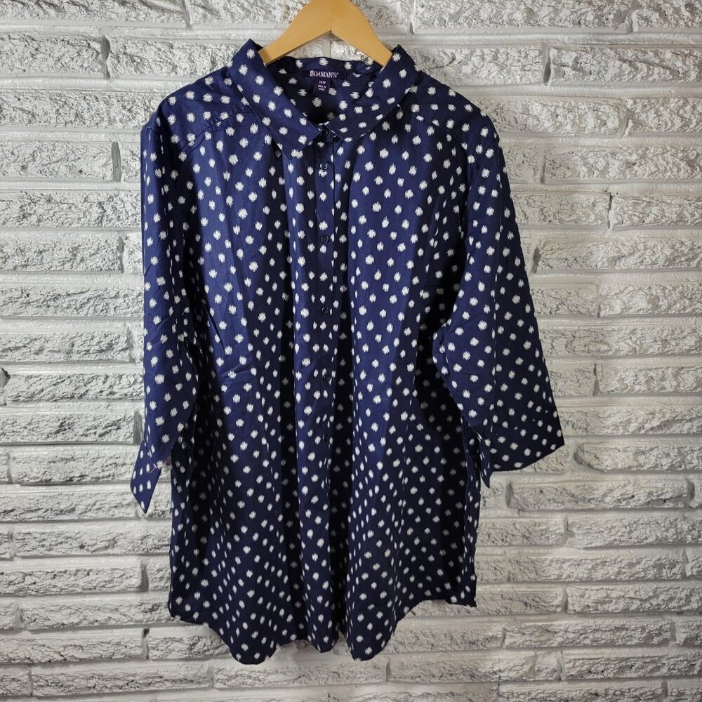 Roaman's Women 26W Blue Watercolor Tunic Top 3/4 Sleeve Cotton Button WAT71XE